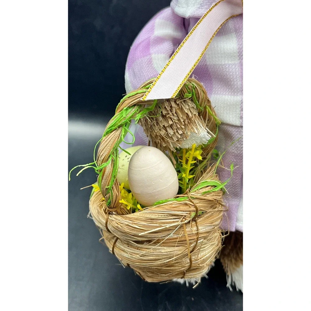 Easter Bunny‎ Figurine Sisal Straw Rabbit Lavender Gingham Dress Basket 12